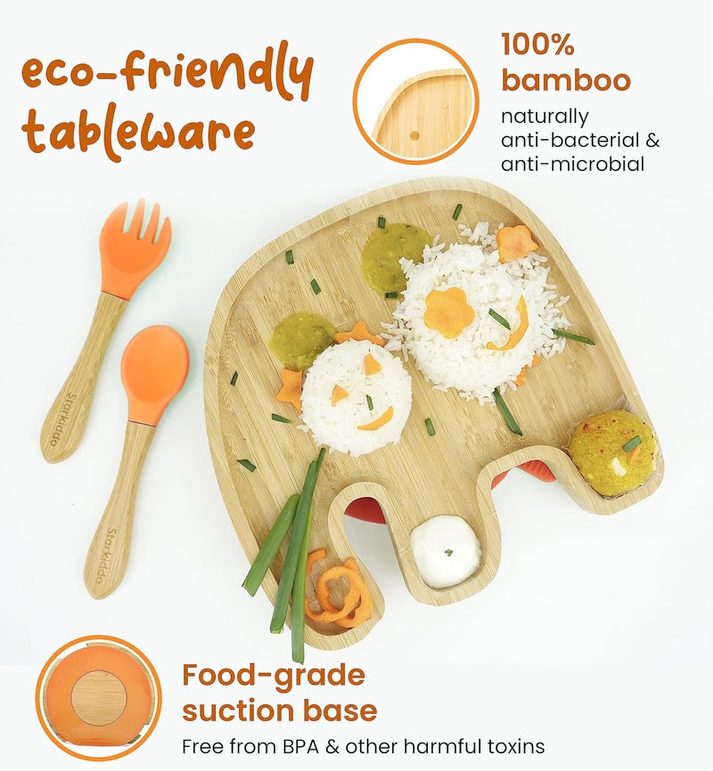 StarKiddo ® Bamboo Suction Plate for Babies with Weaning Spoon| Baby-Led Weaning| Self-Feeding| 3 Sections| Natural Bamboo-Tableware Set| BPA Free (Jumbo, Orange) - Image 3