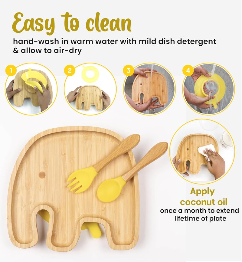 StarKiddo ® Bamboo Suction Plate for Babies with Weaning Spoon| Baby-Led Weaning| Self-Feeding| 3 Sections| Natural Bamboo-Tableware Set| BPA Free (Jumbo, Orange) - Image 4