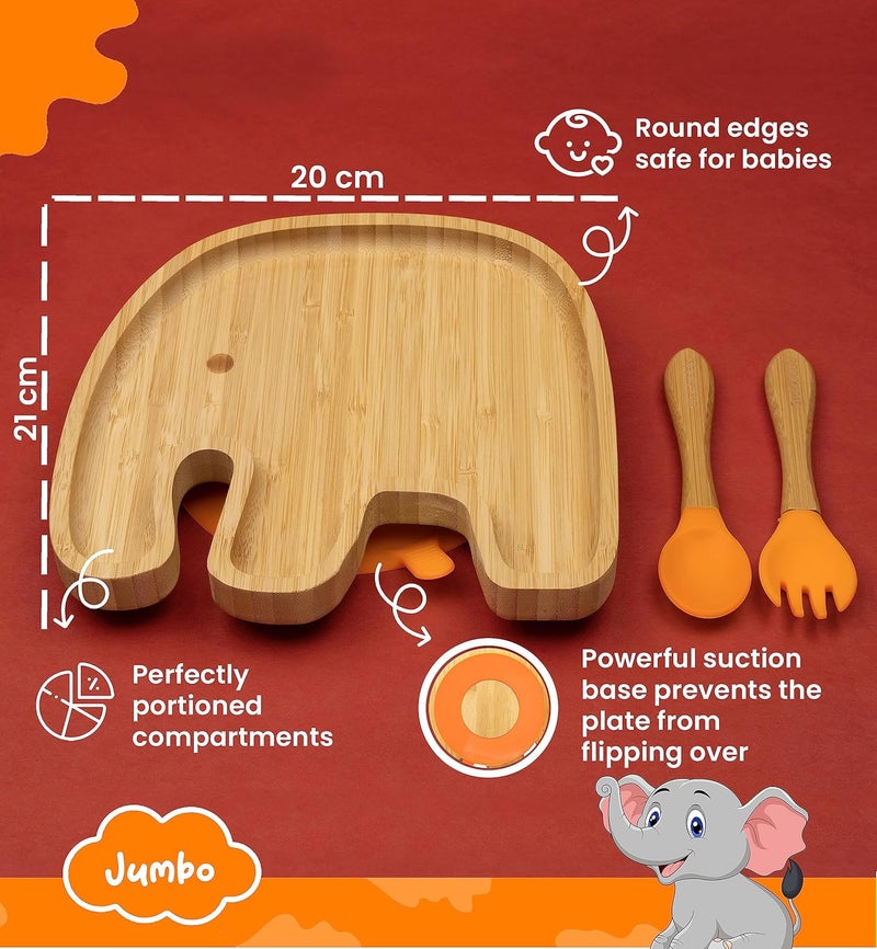 StarKiddo ® Bamboo Suction Plate for Babies with Weaning Spoon| Baby-Led Weaning| Self-Feeding| 3 Sections| Natural Bamboo-Tableware Set| BPA Free (Jumbo, Orange) - Image 2