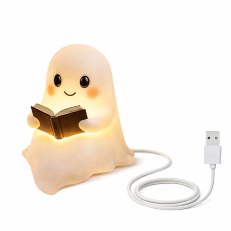 Ghost Night Light with Book, USB Powered LED Lamp, Warm White Glow, Resin, Cute Kawaii Figurine, Bedroom Nightlight - Image 2