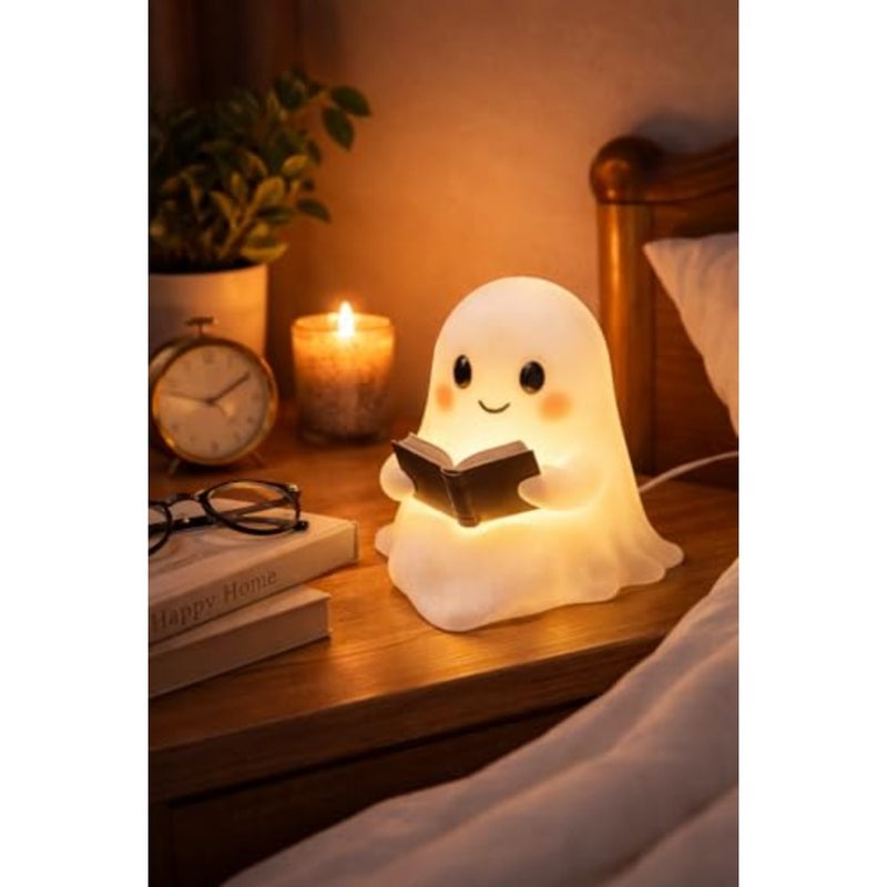 Ghost Night Light with Book, USB Powered LED Lamp, Warm White Glow, Resin, Cute Kawaii Figurine, Bedroom Nightlight - Image 3