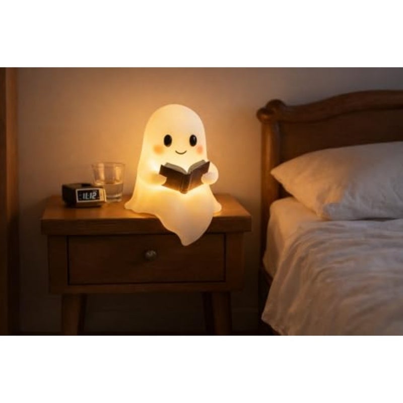 Ghost Night Light with Book, USB Powered LED Lamp, Warm White Glow, Resin, Cute Kawaii Figurine, Bedroom Nightlight - Image 4