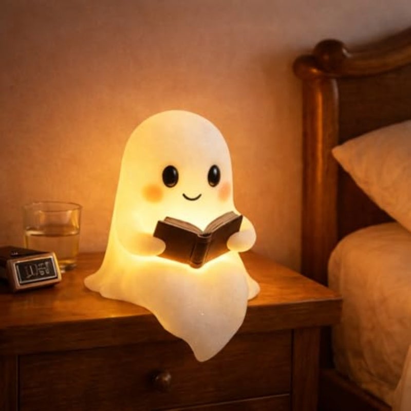Ghost Night Light with Book, USB Powered LED Lamp, Warm White Glow, Resin, Cute Kawaii Figurine, Bedroom Nightlight - Image 1