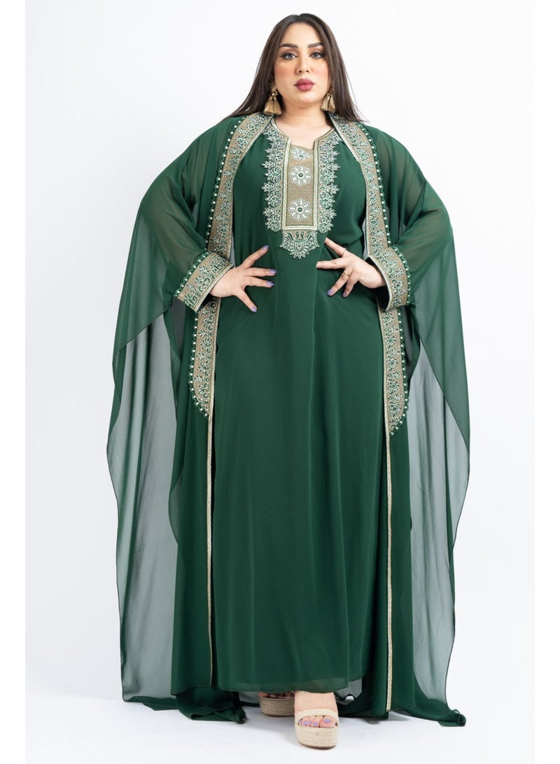 زينة جلابية سهرة نسائية راقية - قفطان شيفون فاخر بتطريز حجري وكريستال - موديل أكمام خفاش - Image 1