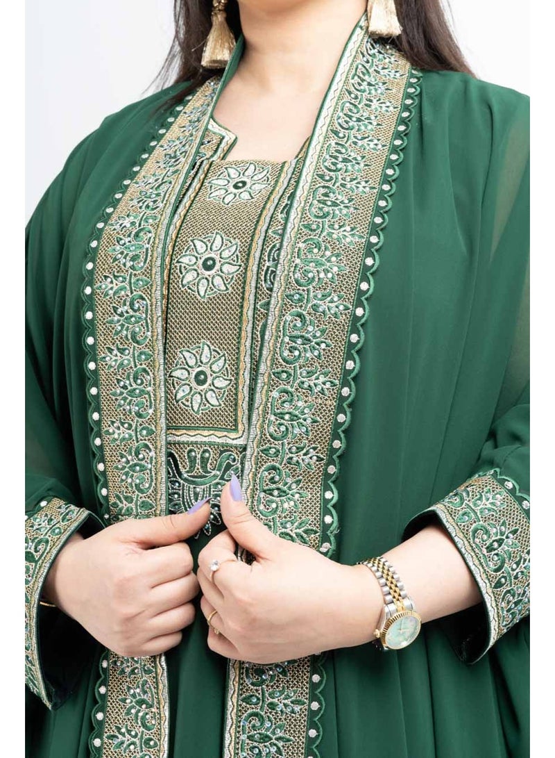 زينة جلابية سهرة نسائية راقية - قفطان شيفون فاخر بتطريز حجري وكريستال - موديل أكمام خفاش - Image 2