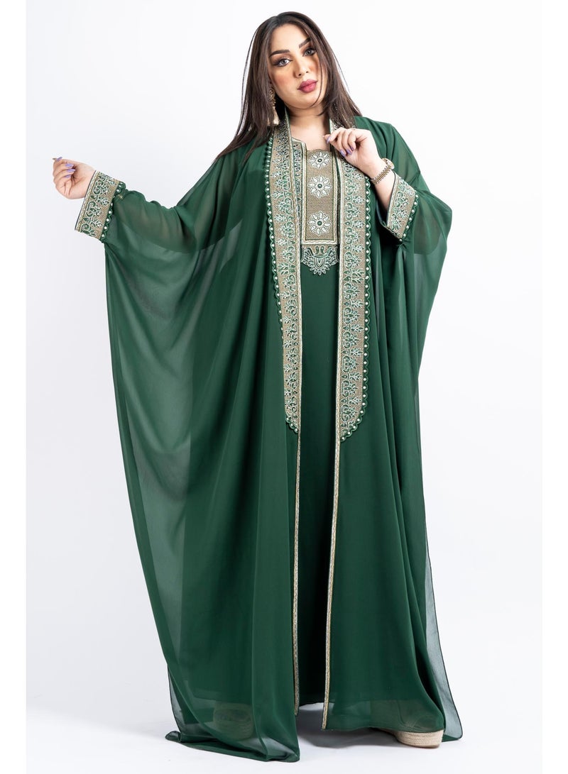 زينة جلابية سهرة نسائية راقية - قفطان شيفون فاخر بتطريز حجري وكريستال - موديل أكمام خفاش - Image 4