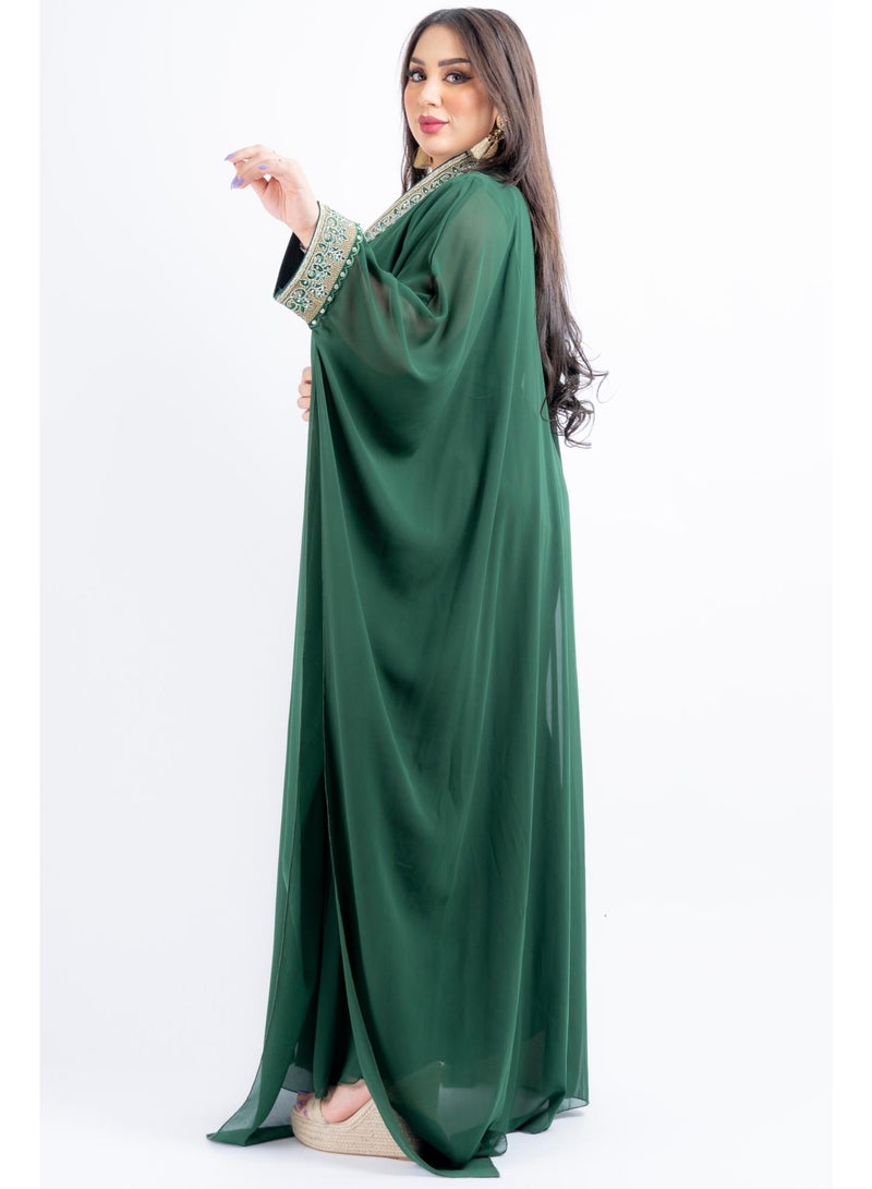 زينة جلابية سهرة نسائية راقية - قفطان شيفون فاخر بتطريز حجري وكريستال - موديل أكمام خفاش - Image 5