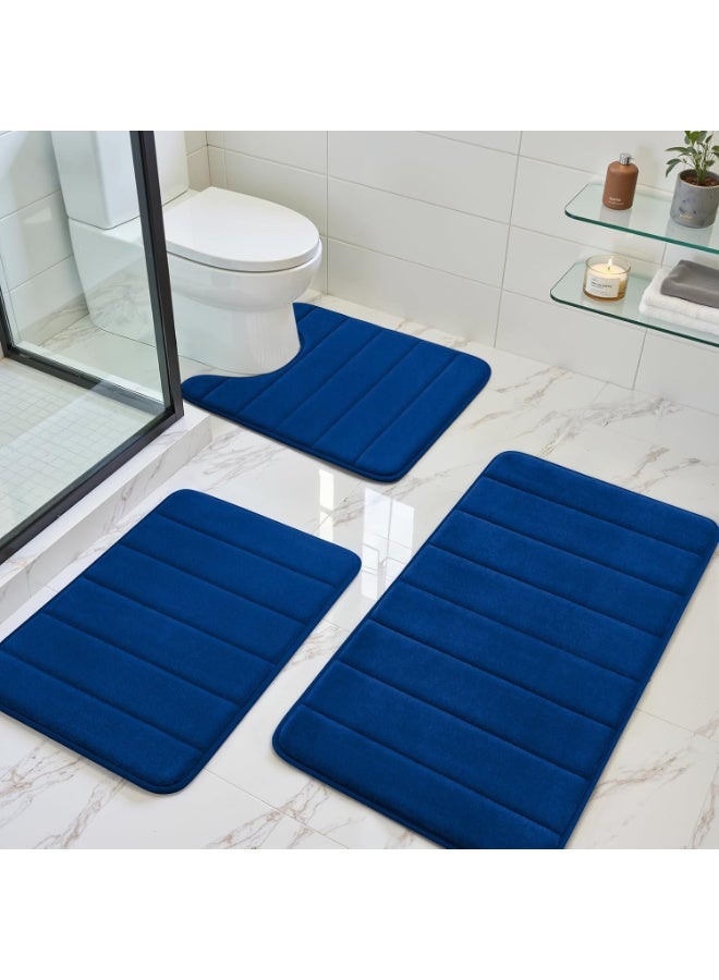 3 Pieces Royal Blue Coral Velvet Bathroom Rug Set, Non Slip Quick Water Absorbent Soft Fluffy Bath Mats, Machine Washable Floor Mats for Shower Toilet Sink - Image 1