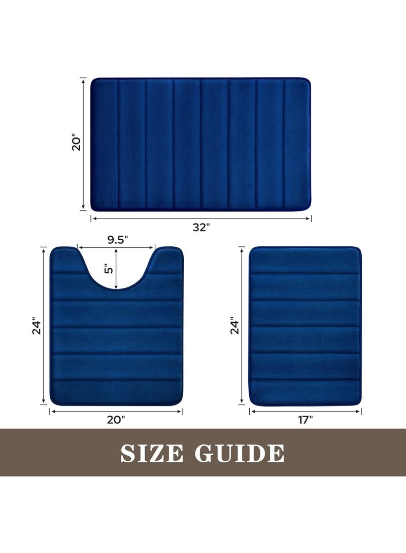 3 Pieces Royal Blue Coral Velvet Bathroom Rug Set, Non Slip Quick Water Absorbent Soft Fluffy Bath Mats, Machine Washable Floor Mats for Shower Toilet Sink - Image 2