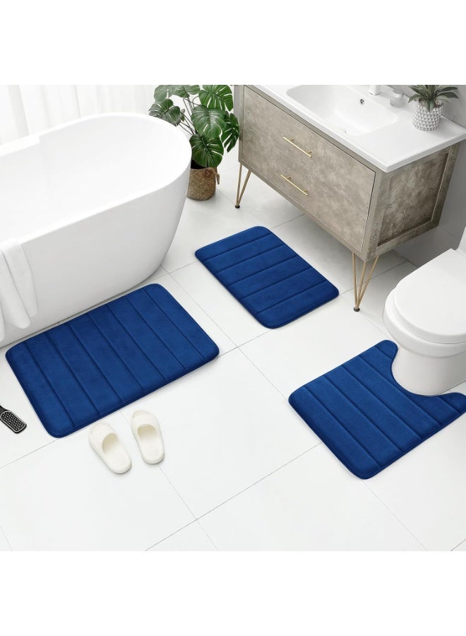 3 Pieces Royal Blue Coral Velvet Bathroom Rug Set, Non Slip Quick Water Absorbent Soft Fluffy Bath Mats, Machine Washable Floor Mats for Shower Toilet Sink - Image 3