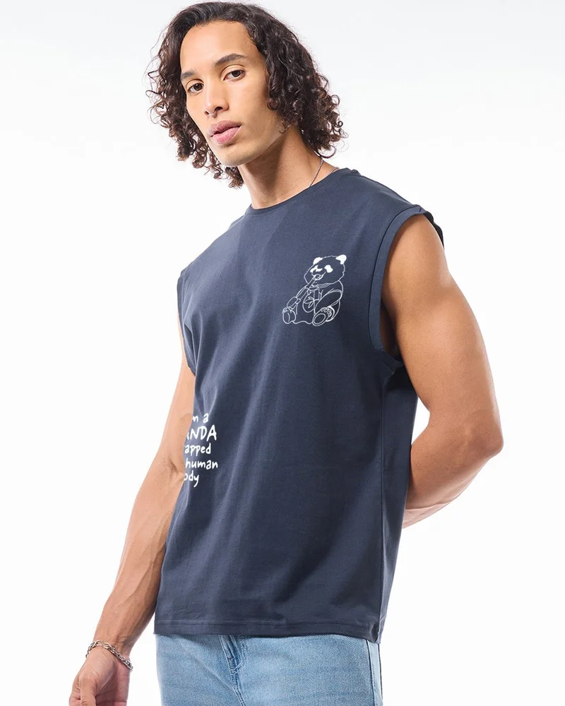 bewakoof Men's Navy Blue The Panda Way Graphic Printed Boxy Fit Vest