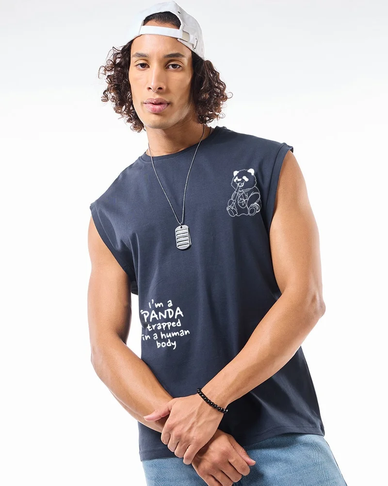 bewakoof Men's Navy Blue The Panda Way Graphic Printed Boxy Fit Vest