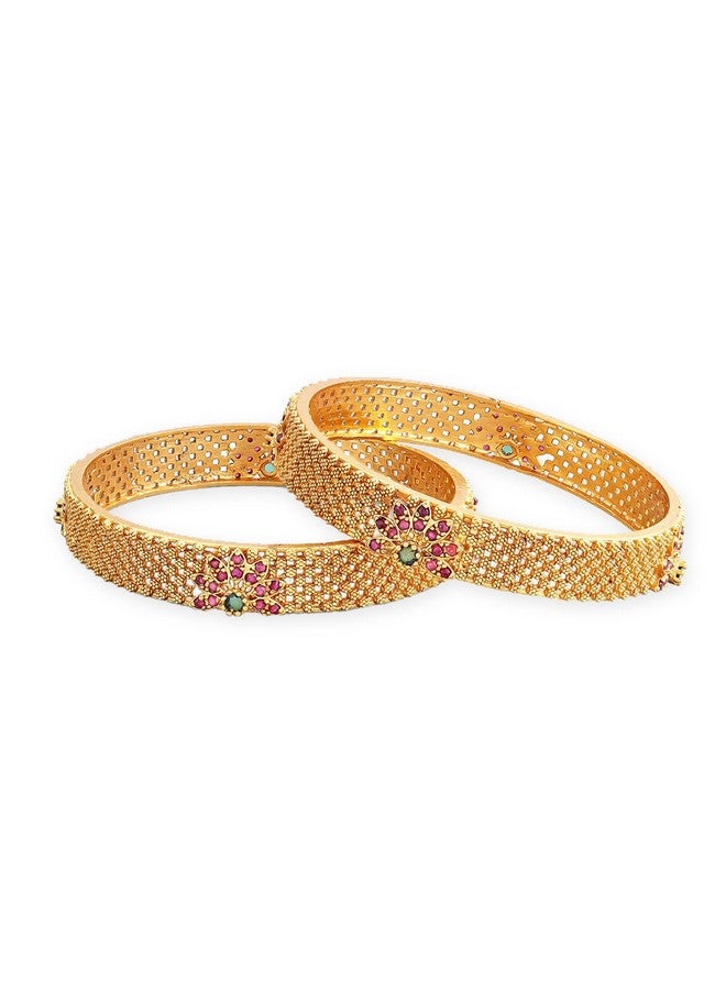 Rubans 22K Gold Plated Pink Green Stone Studded Bangle For Women - Image 1