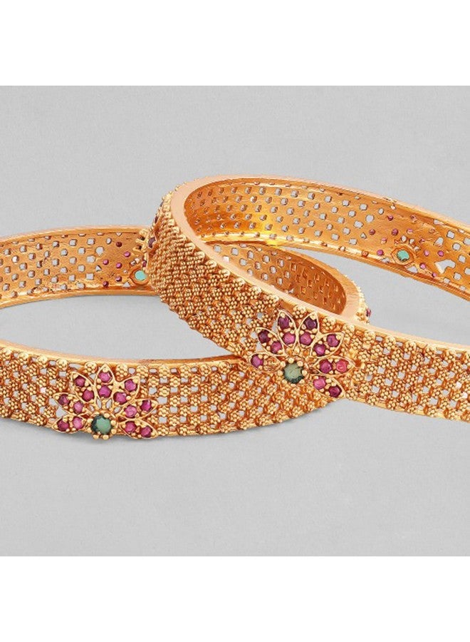 Rubans 22K Gold Plated Pink Green Stone Studded Bangle For Women - Image 2