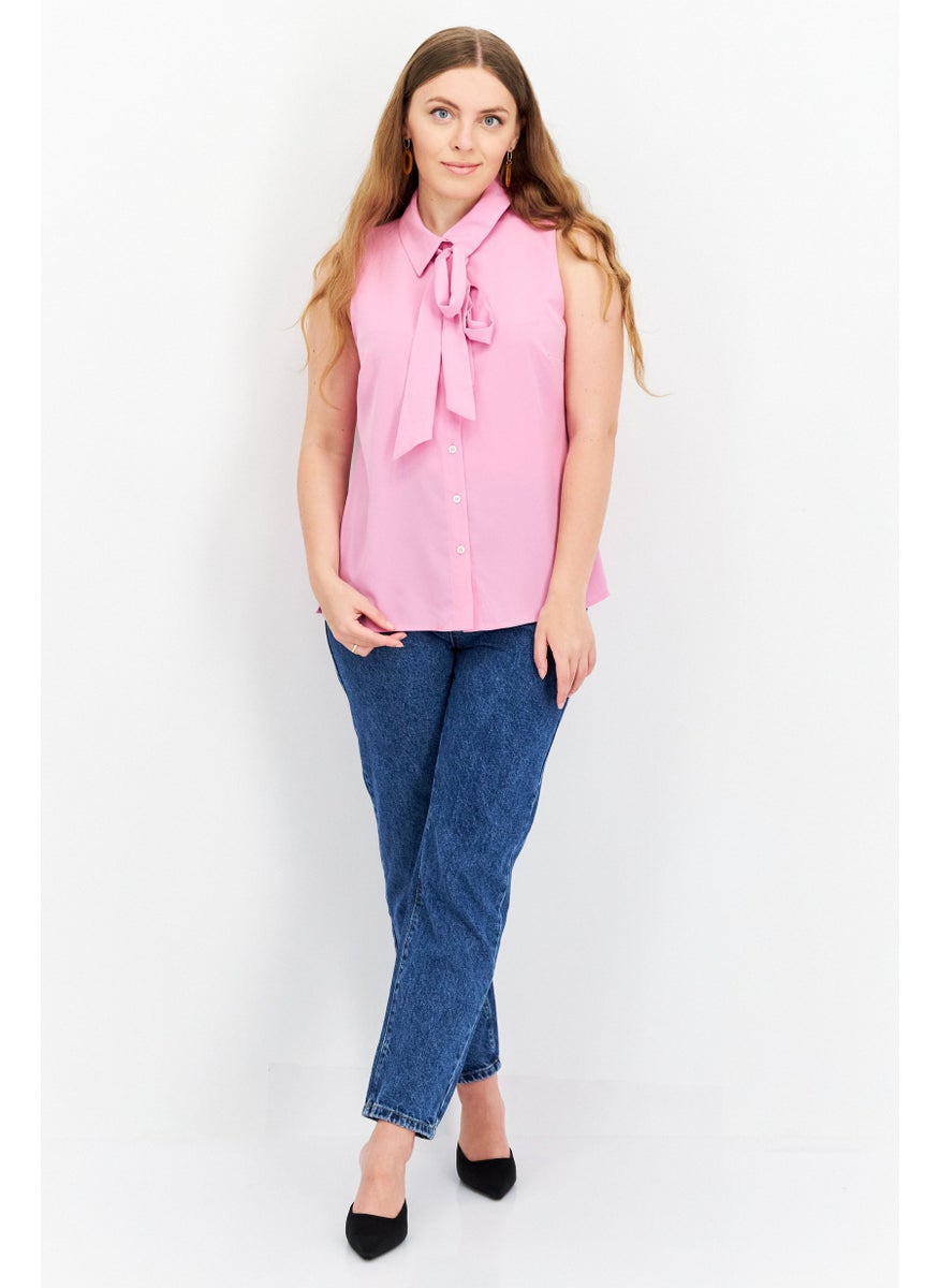 Riley & Rae - Women Spread Collar Sleeveless Plain Top, Pink - Image 1