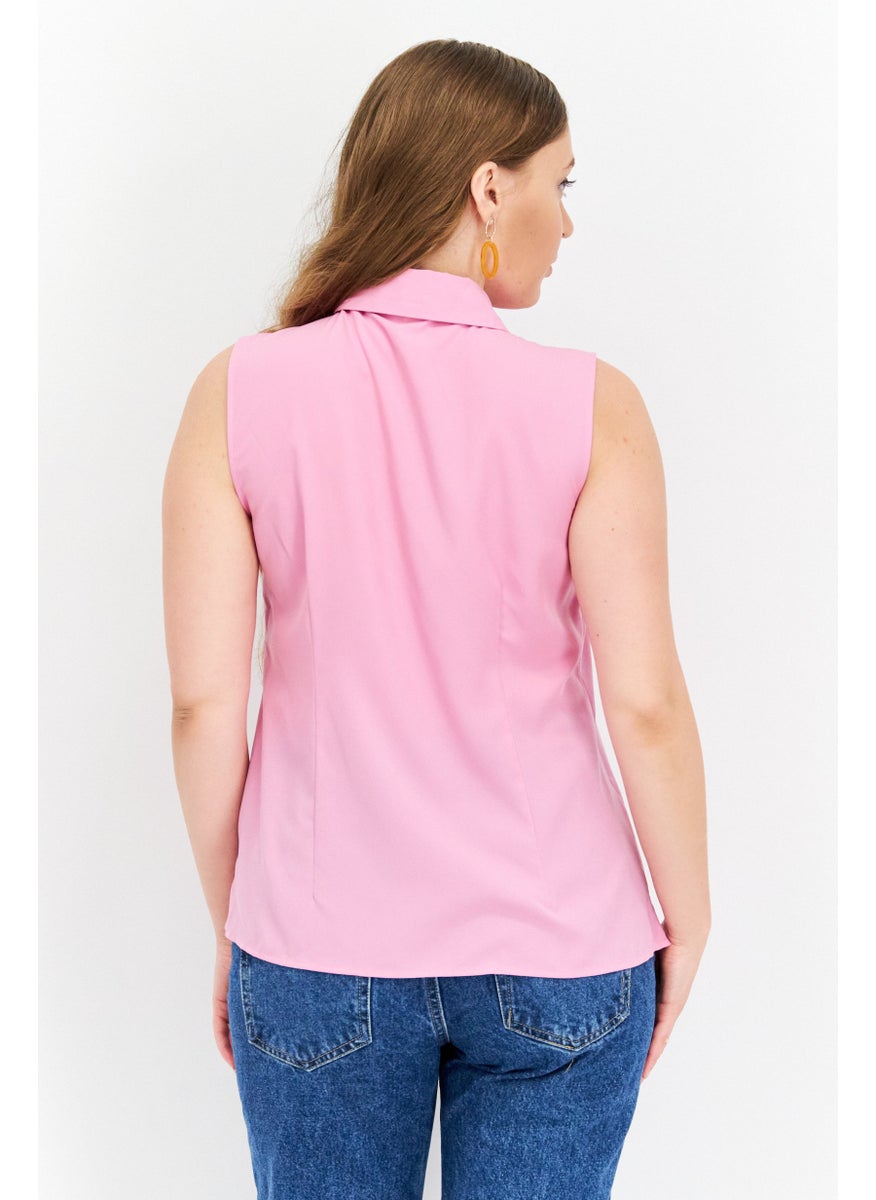 Riley & Rae - Women Spread Collar Sleeveless Plain Top, Pink - Image 1
