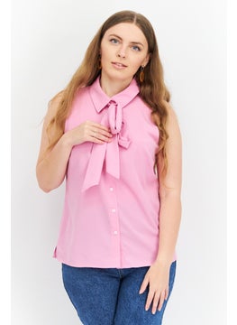 Women Spread Collar Sleeveless Plain Top, Pink