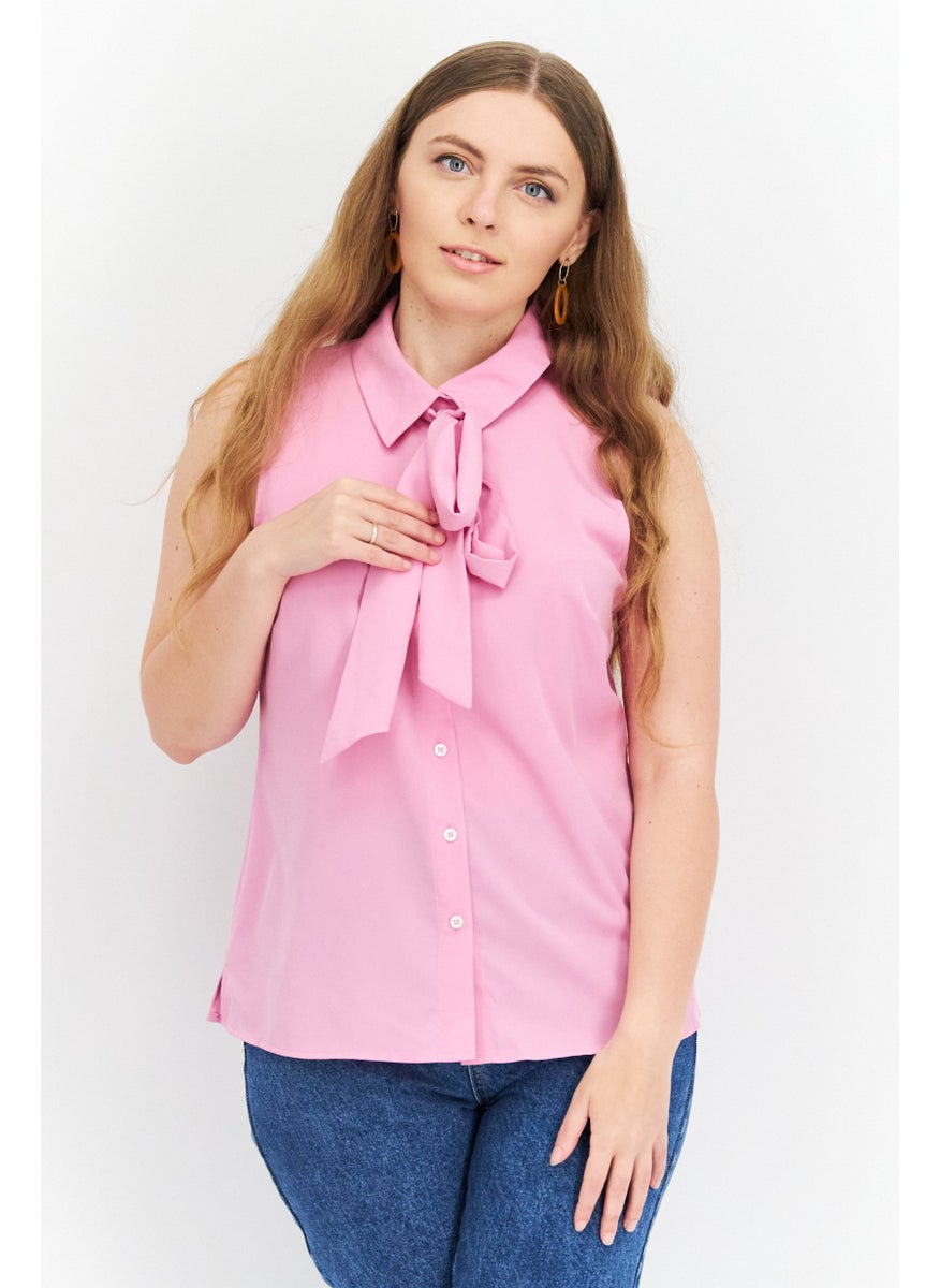 Riley & Rae - Women Spread Collar Sleeveless Plain Top, Pink - Image 1