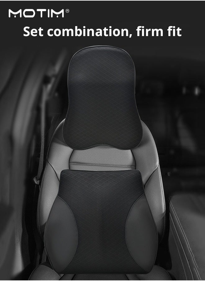 Motim - Car Leather Back Cushion Lumbar Support and Car Seat Headrest Neck Pillow Kit, 100% Pure Memory Foam Car Neck Lumbar Support Relieve, Ergonomic Seat Cushion for Lower Back Support Cervical Headrest with Adjustable Strap - Image 1