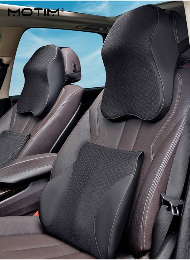Motim - Car Leather Back Cushion Lumbar Support and Car Seat Headrest Neck Pillow Kit, 100% Pure Memory Foam Car Neck Lumbar Support Relieve, Ergonomic Seat Cushion for Lower Back Support Cervical Headrest with Adjustable Strap - Image 1