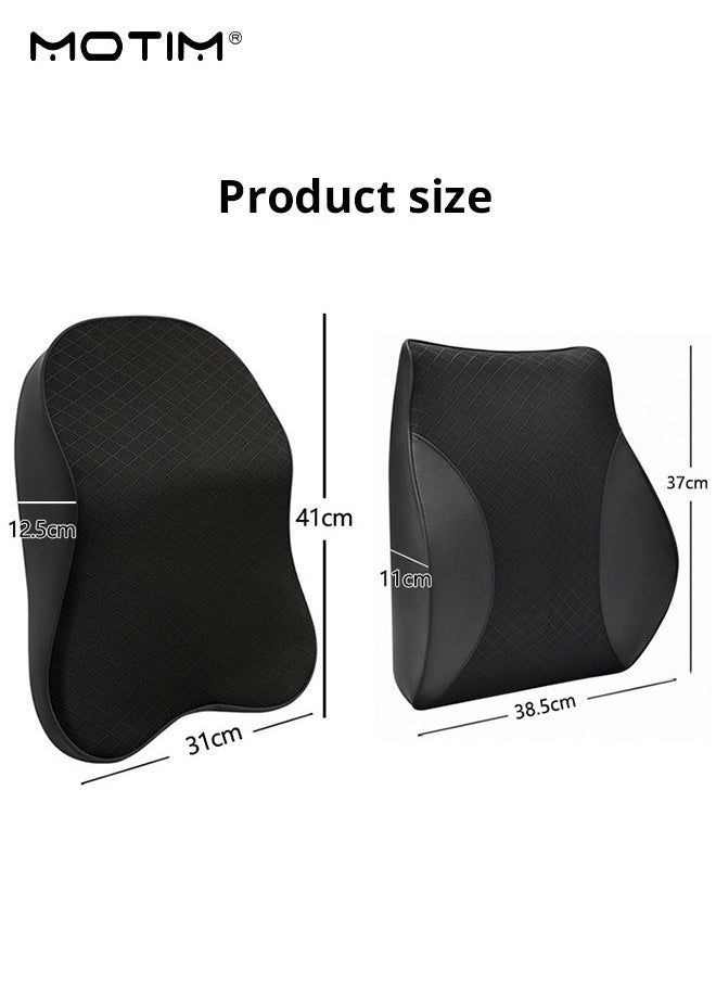 Motim - Car Leather Back Cushion Lumbar Support and Car Seat Headrest Neck Pillow Kit, 100% Pure Memory Foam Car Neck Lumbar Support Relieve, Ergonomic Seat Cushion for Lower Back Support Cervical Headrest with Adjustable Strap - Image 1