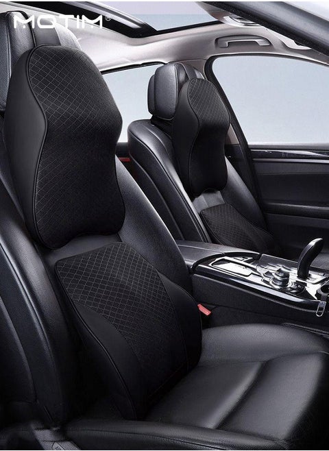 Car Leather Back Cushion Lumbar Support and Car Seat Headrest Neck Pillow Kit, 100% Pure Memory Foam Car Neck Lumbar Support Relieve, Ergonomic Seat Cushion for Lower Back Support Cervical Headrest with Adjustable Strap
