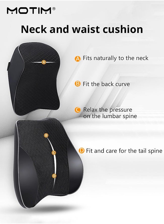 Motim - Car Leather Back Cushion Lumbar Support and Car Seat Headrest Neck Pillow Kit, 100% Pure Memory Foam Car Neck Lumbar Support Relieve, Ergonomic Seat Cushion for Lower Back Support Cervical Headrest with Adjustable Strap - Image 1