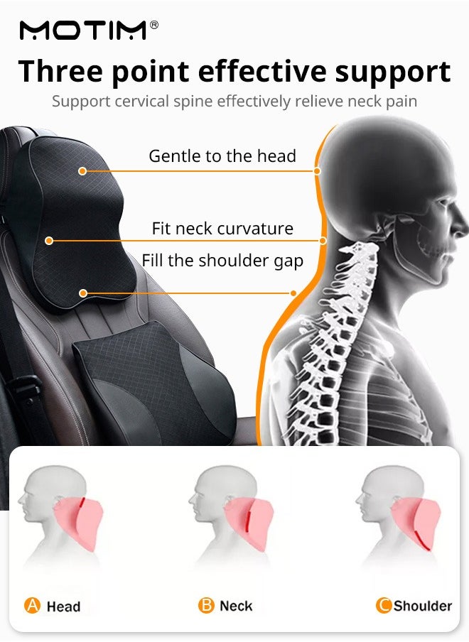 Motim - Car Leather Back Cushion Lumbar Support and Car Seat Headrest Neck Pillow Kit, 100% Pure Memory Foam Car Neck Lumbar Support Relieve, Ergonomic Seat Cushion for Lower Back Support Cervical Headrest with Adjustable Strap - Image 1