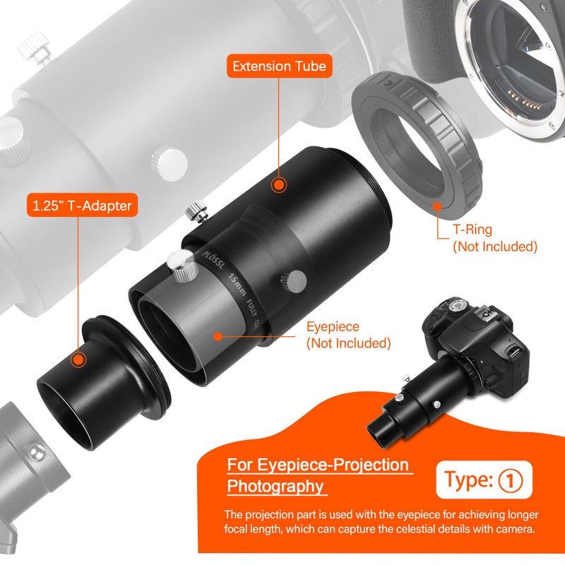 Astromania Telescope Photo Adapters, Metal Extendable Camera Adapter for Telescope with 1.25 inch T Adapter, Compatible for Prime-Focus Or Eyepiece-Projection, Canon EOS Nikon SLR Cameras Photography - Image 3