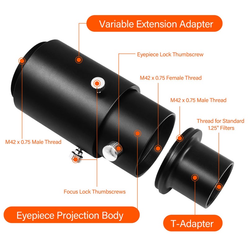 Astromania Telescope Photo Adapters, Metal Extendable Camera Adapter for Telescope with 1.25 inch T Adapter, Compatible for Prime-Focus Or Eyepiece-Projection, Canon EOS Nikon SLR Cameras Photography - Image 2
