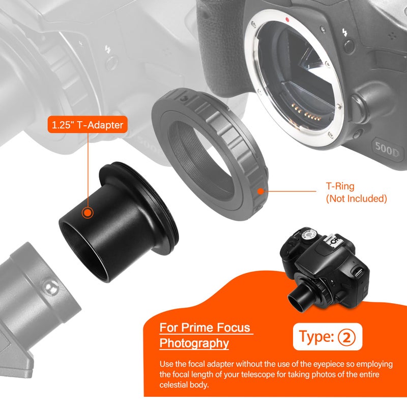 Astromania Telescope Photo Adapters, Metal Extendable Camera Adapter for Telescope with 1.25 inch T Adapter, Compatible for Prime-Focus Or Eyepiece-Projection, Canon EOS Nikon SLR Cameras Photography - Image 4