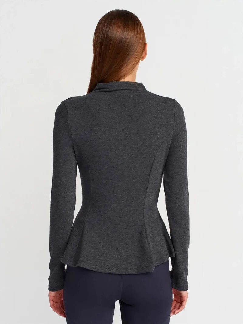 Dilvin DILVIN Fitted Half-Turtleneck Peplum Blouse