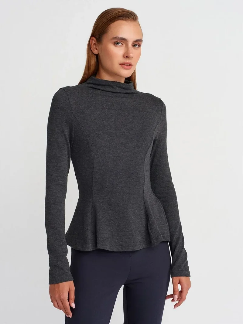 Dilvin DILVIN Fitted Half-Turtleneck Peplum Blouse