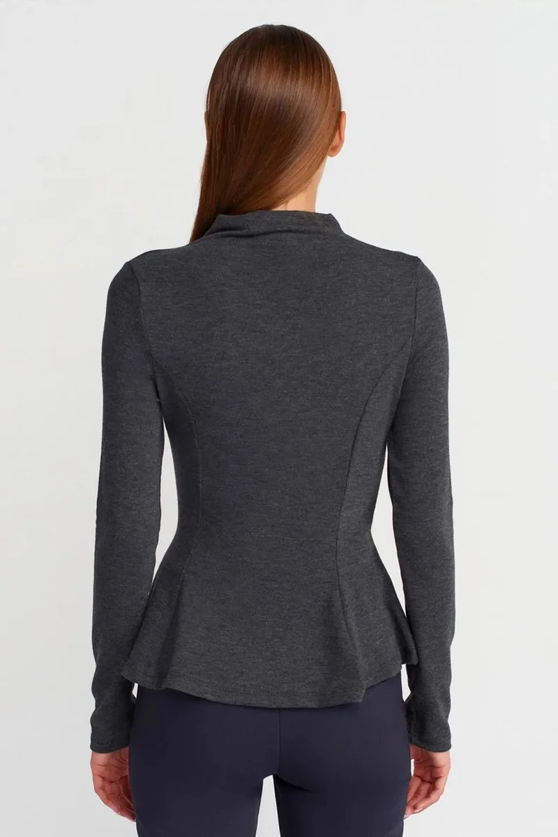 Dilvin Charcoal Grey DILVIN Fitted Half-Turtleneck Peplum Blouse for Women | Best Price UAE