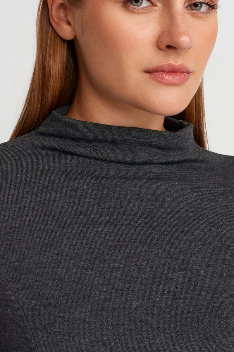 Dilvin Charcoal Grey DILVIN Fitted Half-Turtleneck Peplum Blouse for Women | Best Price UAE