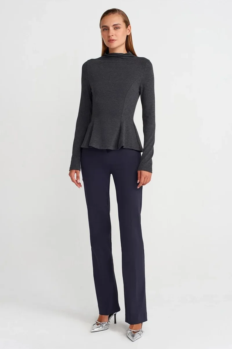 Dilvin Charcoal Grey DILVIN Fitted Half-Turtleneck Peplum Blouse for Women | Best Price UAE