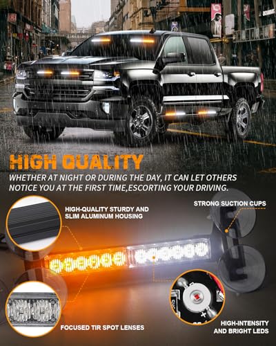 XRIDONSEN 2x 10.7 inch Emergency Strobe Lights 24 LED Amber White Warning Flashing Safety Dash Side Window Front/Rear Windshield Lights Traffic Advisor Bar for Tow/Plow Trucks Construction Vehicles - Image 3
