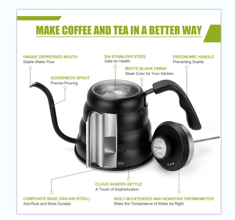 Apusu Pour Over Kettle for Manual Drip Coffee and Tea with Thermometer 28oz Gooseneck Kettle with Flow Control Stainless Steel Water Kettle for Stovetop,800ml,4 Cup,Black,1Pack - Image 4