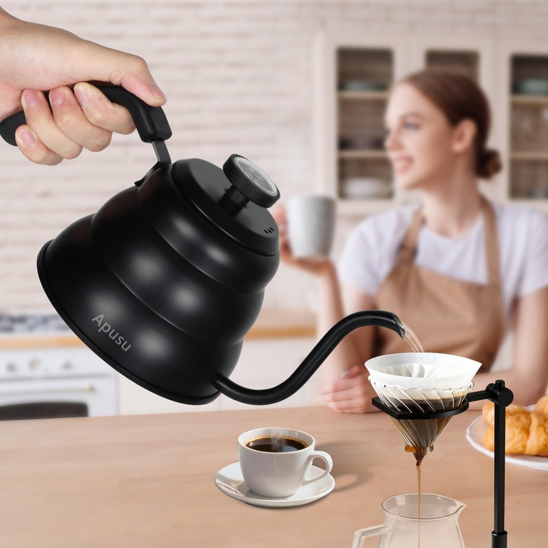 Apusu Pour Over Kettle for Manual Drip Coffee and Tea with Thermometer 28oz Gooseneck Kettle with Flow Control Stainless Steel Water Kettle for Stovetop,800ml,4 Cup,Black,1Pack - Image 2