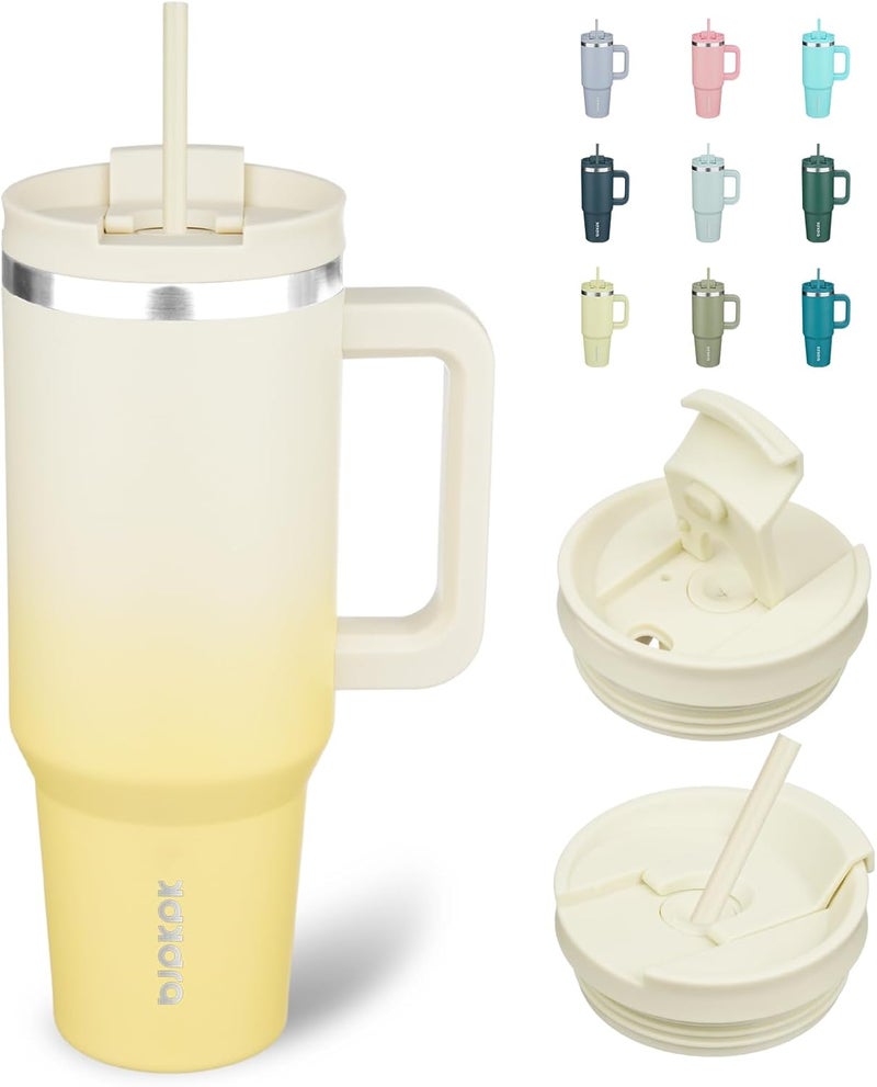 BJPKPK 40 oz Tumbler With Handle Insulated Tumblers With Lid And Straw Stainless Steel Thermal Cup,Lemon - Image 1