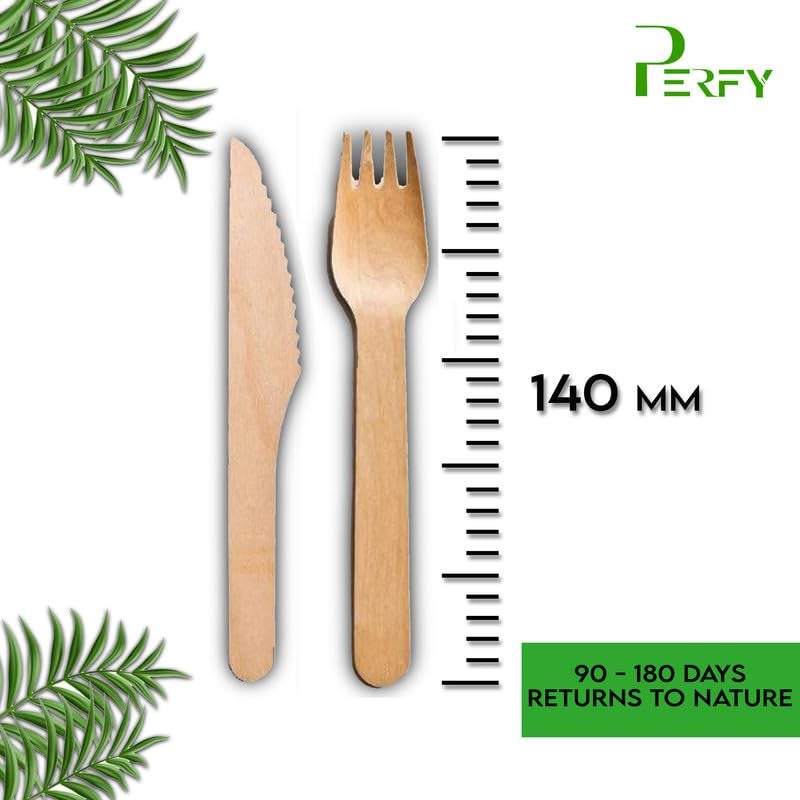 Perfy Disposable Knife & Fork Set(140mm)| Wooden Dining Flatware |Cutlery Set| Ideal for Wedding, Party & Kids Birthday(Pack of 25) - Image 3