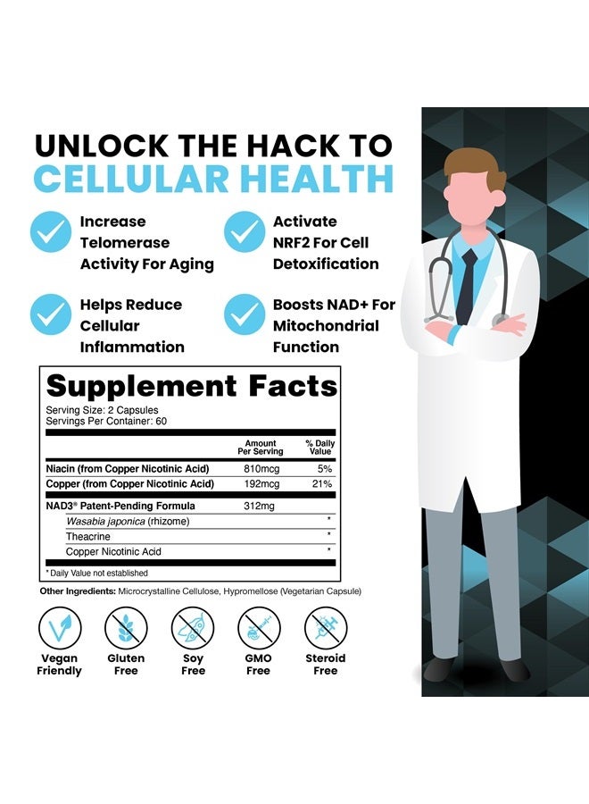 HPN مكملات NAD3 NAD+ Booster | عبوة تكفي لمدة شهرين | مثبتة سريريًا ومختبرة بشكل مستقل - إصلاح التمثيل الغذائي | 312 مجم/ جرعة - 120 كبسولة  - Image 2