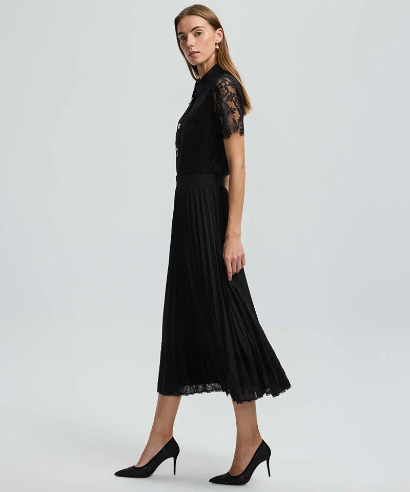ايبيكيول Pleated Lace Hem Midi Skirt