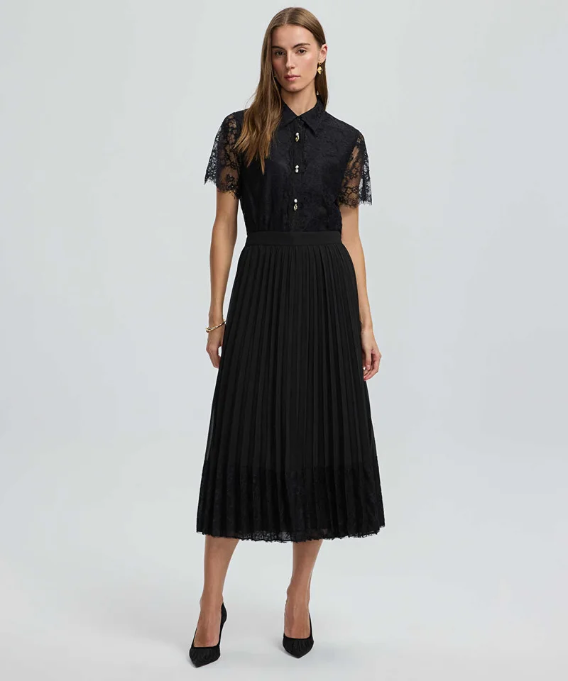 ايبيكيول Pleated Lace Hem Midi Skirt