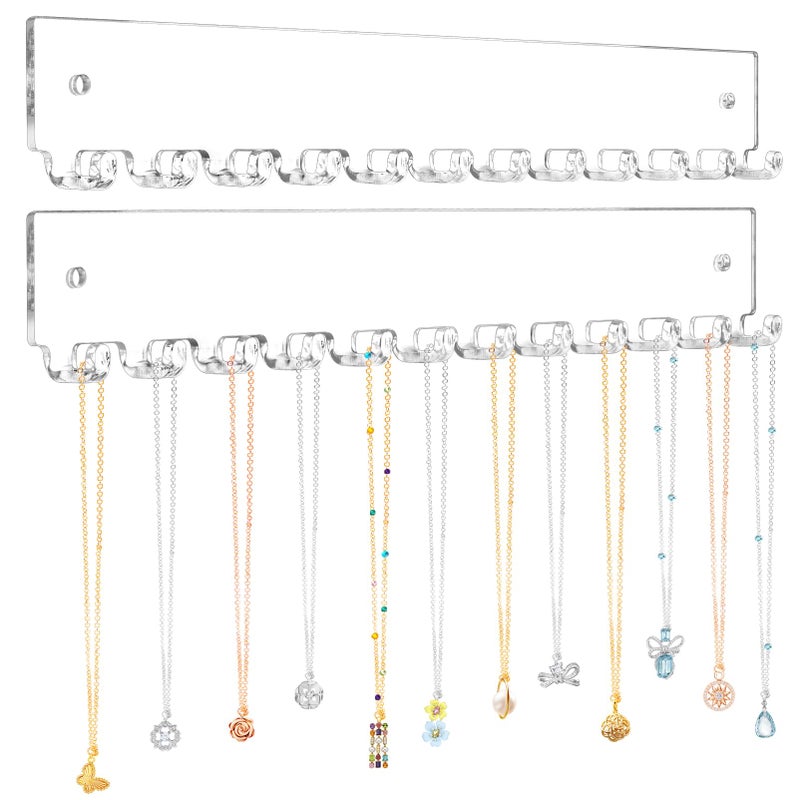 milylove Acrylic Necklace Holder 2 Pack Wall Mounted Necklace Organizer Hanging Jewelry Organizer with 12 Hooks for Necklaces Bracelets Rings and Bangles Display