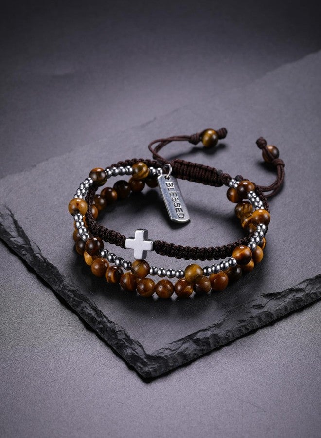 Jovivi Tiger Eye Crystal Beaded Bracelet with Blessed Cross Charm Natural Healing Crystals Stone Multilayer Wrap Bracelets Adjustable - Image 2