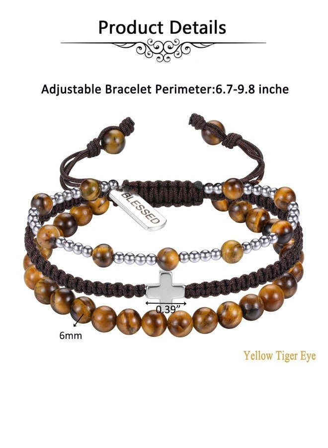 Jovivi Tiger Eye Crystal Beaded Bracelet with Blessed Cross Charm Natural Healing Crystals Stone Multilayer Wrap Bracelets Adjustable - Image 5