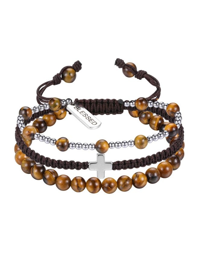 Jovivi Tiger Eye Crystal Beaded Bracelet with Blessed Cross Charm Natural Healing Crystals Stone Multilayer Wrap Bracelets Adjustable - Image 1