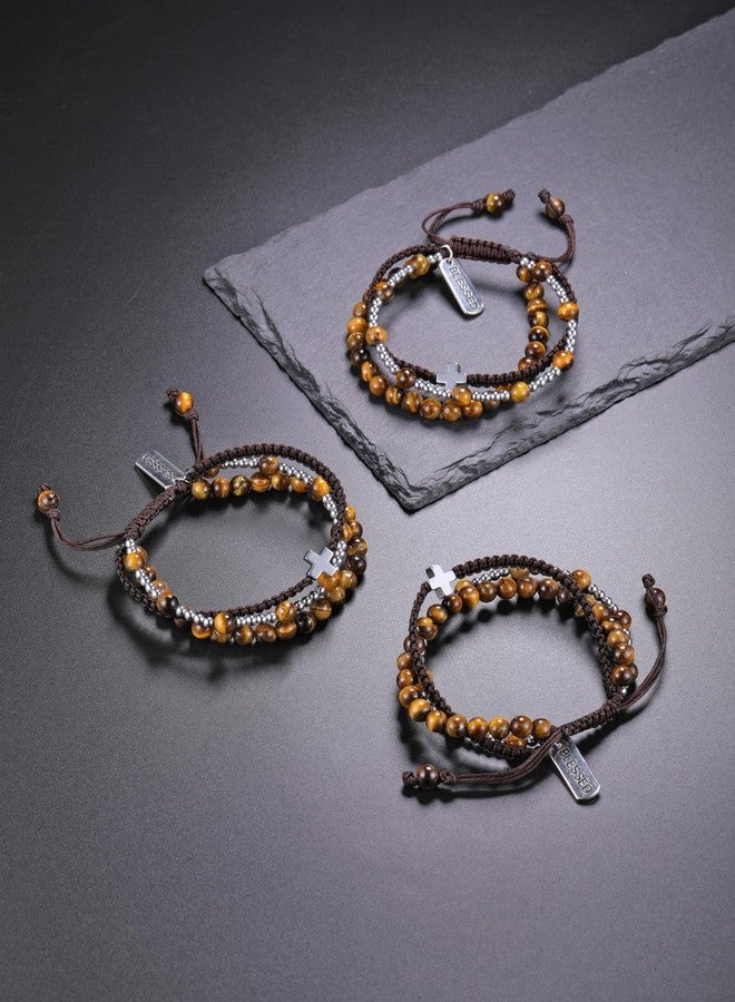 Jovivi Tiger Eye Crystal Beaded Bracelet with Blessed Cross Charm Natural Healing Crystals Stone Multilayer Wrap Bracelets Adjustable - Image 4