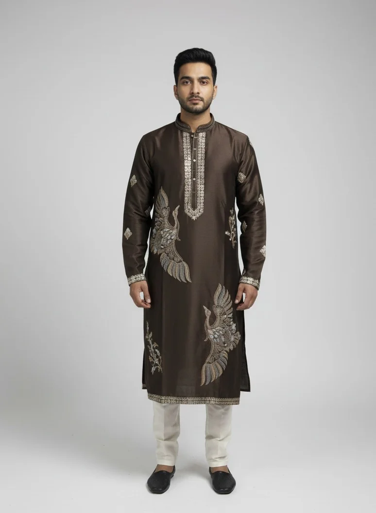 Lehar Brown Silk Kurta Set with Intricate Multicolor Peacock Embroidery
